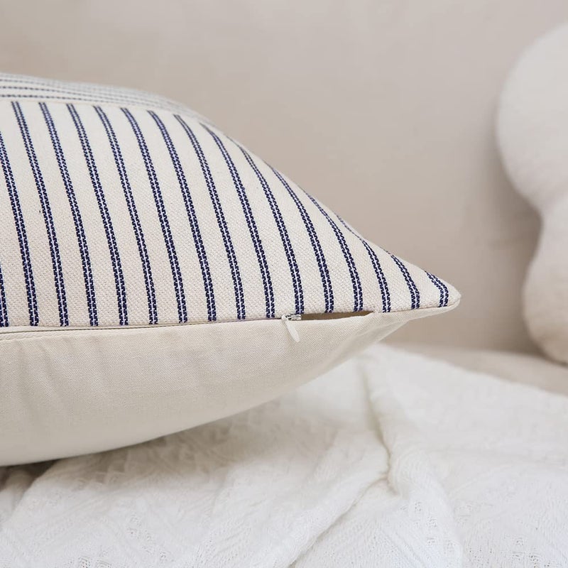 Hckot Navy Blue and Beige Patchwork Farmhouse Throw Pillow Covers 18 x 18 Inch  Pack of 2 Striped Linen Decorative Pillow Case for Sofa Couch Chair Bedroom Modern Decor(Navy Blue) - Image 4